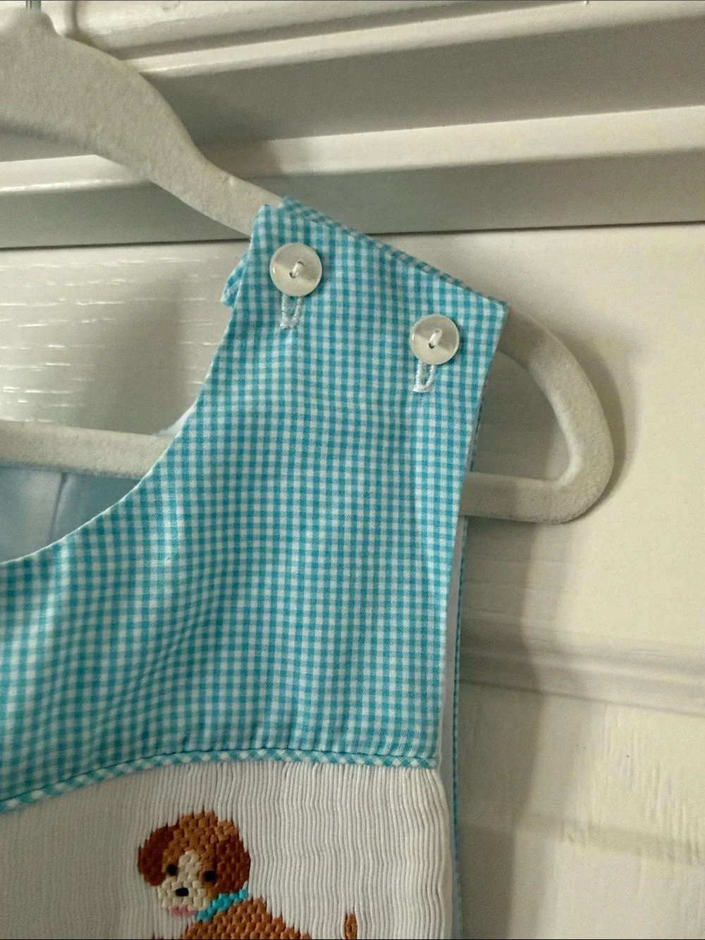 Blue Gingham Kids One-Piece Romper with Puppy Smocking